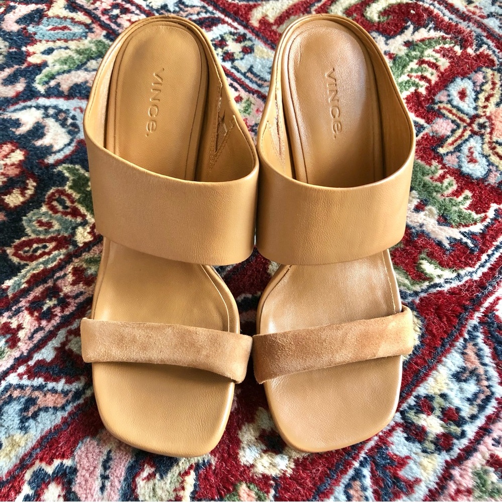 Vince Quinn Tan Leather Suede Mule Heeled Sandal - Picture 4 of 8